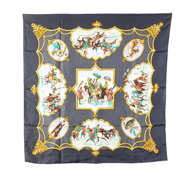 Pre-owned Hermès Les Chevaux des Moghols Silk Scarf Blue