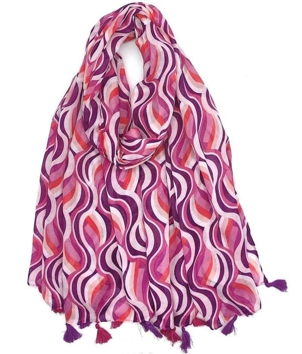 Wave print scarf with pompoms