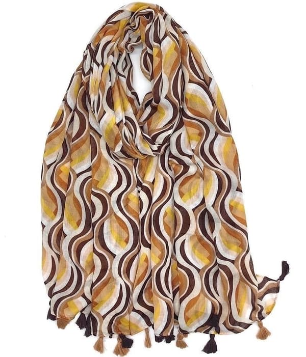 Wave print scarf with pompoms