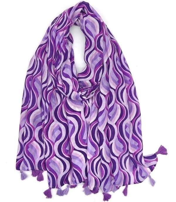 Wave print scarf with pompoms