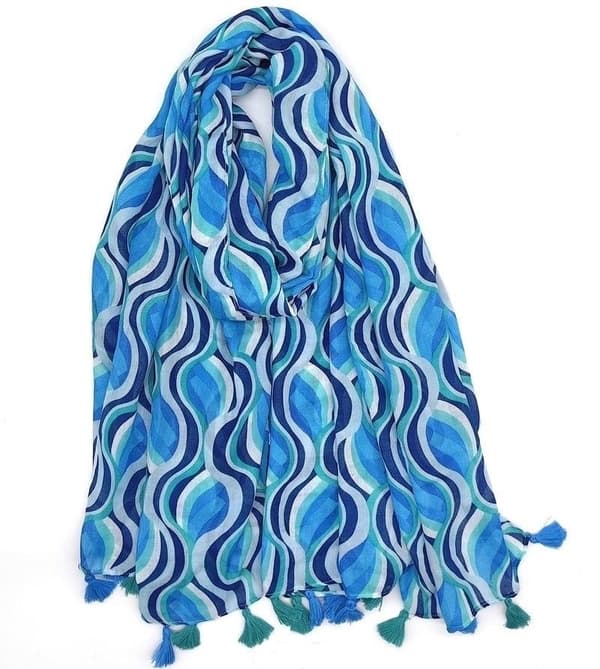 Wave print scarf with pompoms