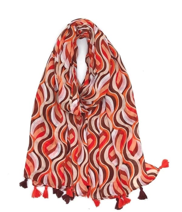 Wave print scarf with pompoms