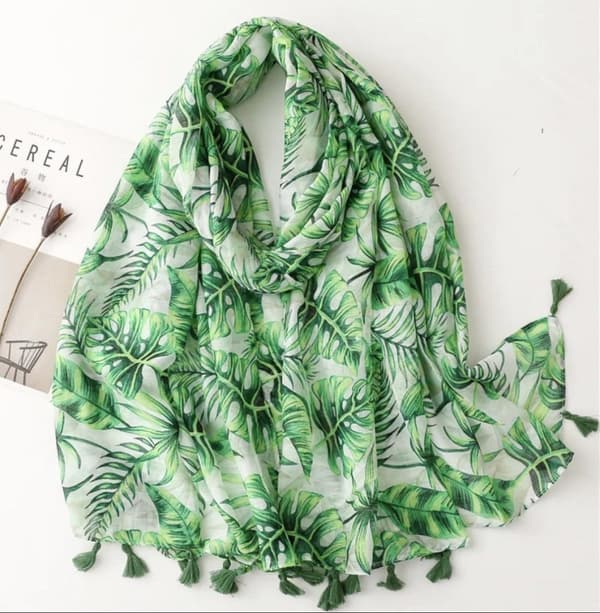 Green leaf printed scarf with tassels