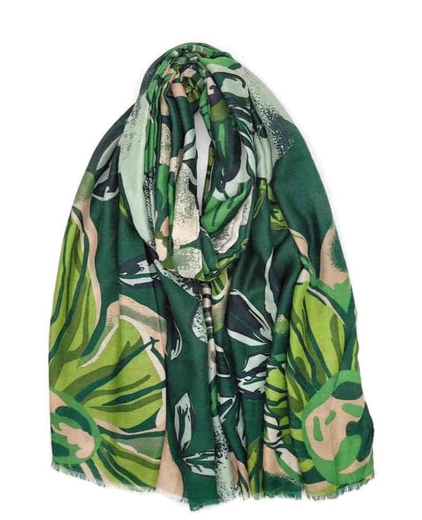 A scarf with flowers and leaves in several colors