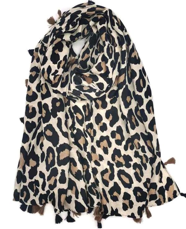 Leopard print scarf with tassels - multiple color choices