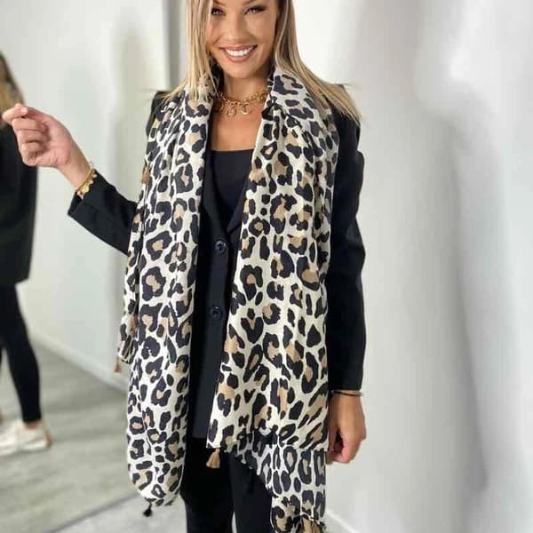 Leopard print scarf with tassels - multiple color choices