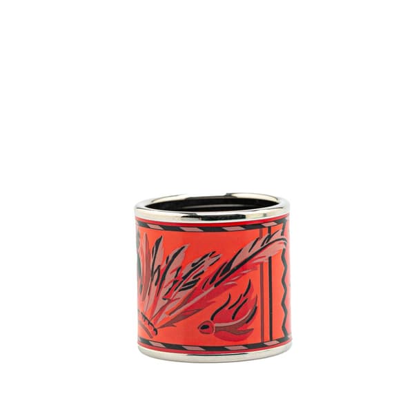 Pre-owned Hermès Enamel and Palladium Plated Brazil Feather Scarf Ring Orange