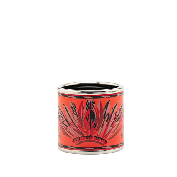 Pre-owned Hermès Enamel and Palladium Plated Brazil Feather Scarf Ring Orange
