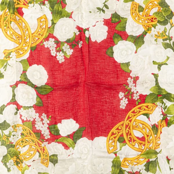 Pre-owned Chanel Camellia Printed Linen Scarf Red