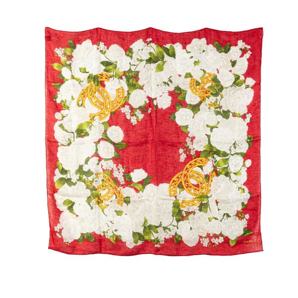 Pre-owned Chanel Camellia Printed Linen Scarf Red