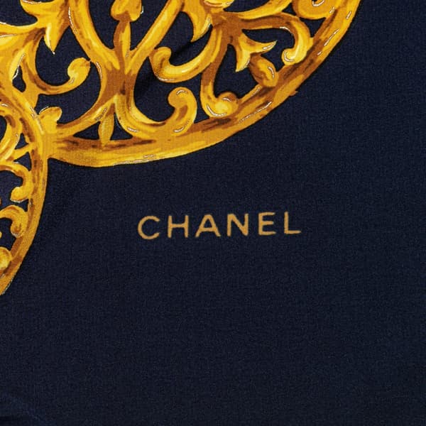 Pre-owned Chanel Gripoix Buttons Silk Scarf Blue