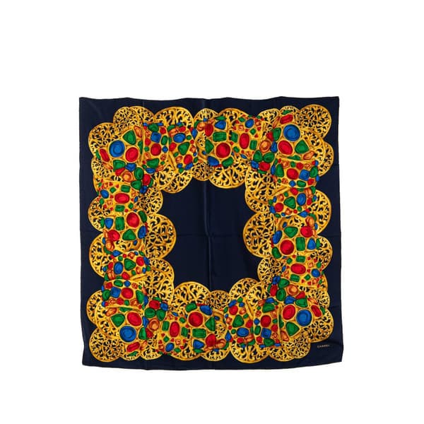 Pre-owned Chanel Gripoix Buttons Silk Scarf Blue