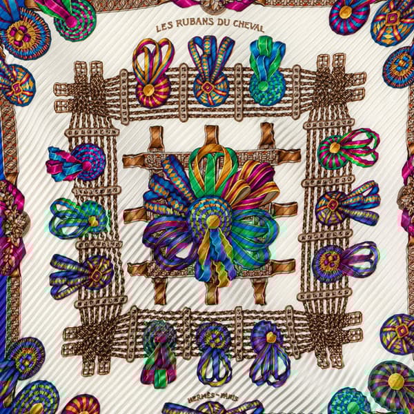 Pre-owned Hermès Les Rubans du Cheval Pleated Silk Scarf Blue