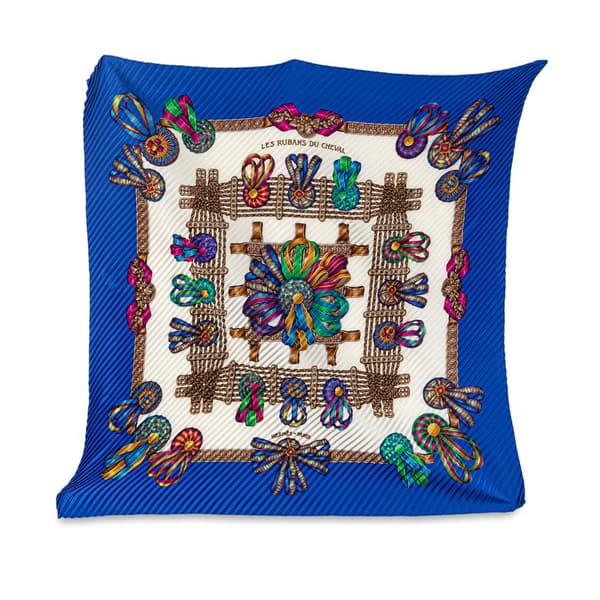Pre-owned Hermès Les Rubans du Cheval Pleated Silk Scarf Blue