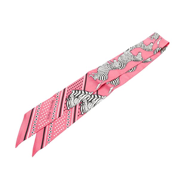 Pre-owned Hermès Les Zebres Silk Twilly Scarf Pink