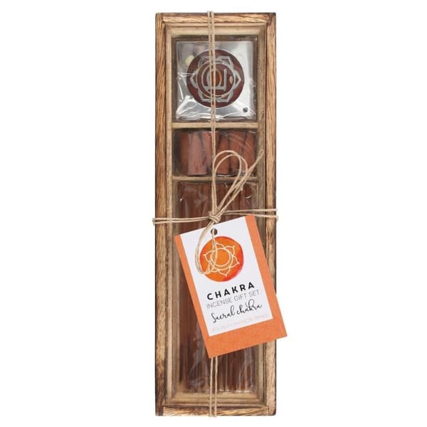 Sacral Chakra Rökelse Presentuppsättning i trä låga o glas lock