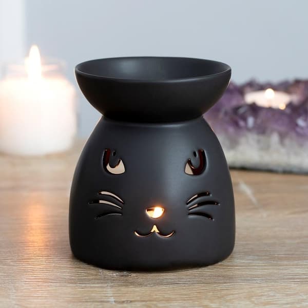 Svart Keramisk Oljebrännare m utskuren Katt Face