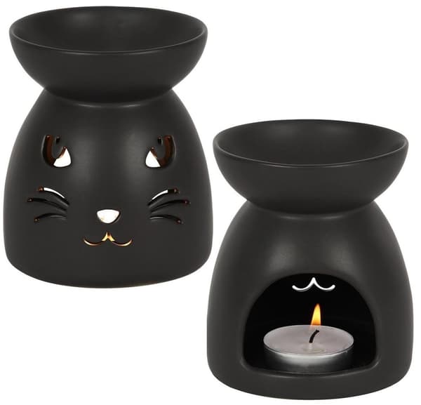Svart Keramisk Oljebrännare m utskuren Katt Face