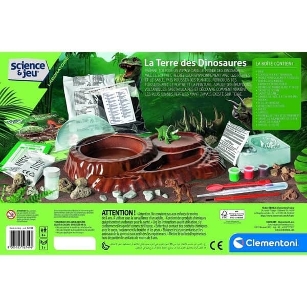 Clementoni - Vetenskap och lek - Dinosauriernas värld - Terrarium att skapa + 3 dinosauriefigurer - Tillverkad i Italien