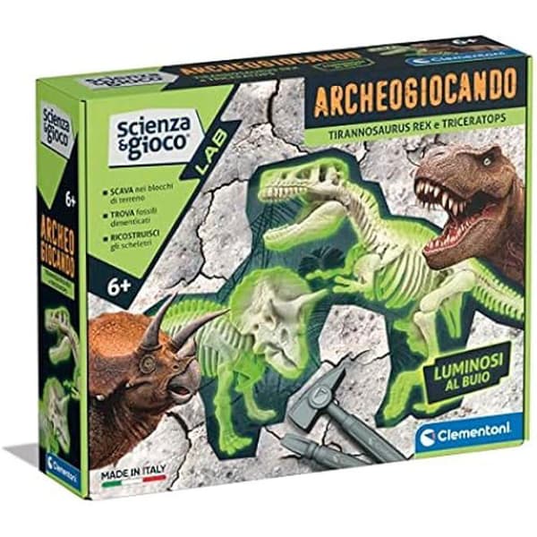 Clementoni - Science Lab-Archaeogiocing-T-Rex och Triceratops-Dinosaurier, fossiler att gräva och montera, arkeologkit, spel