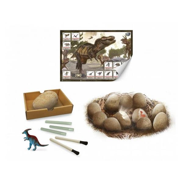 Dino Egg Maxi Pack Buki Box - 12 dinosaurier - Utgrävningsverktyg - Bricka - Affisch