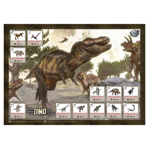 Dino Egg Maxi Pack Buki Box - 12 dinosaurier - Utgrävningsverktyg - Bricka - Affisch