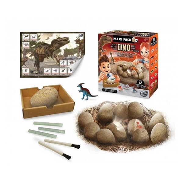 Dino Egg Maxi Pack Buki Box - 12 dinosaurier - Utgrävningsverktyg - Bricka - Affisch