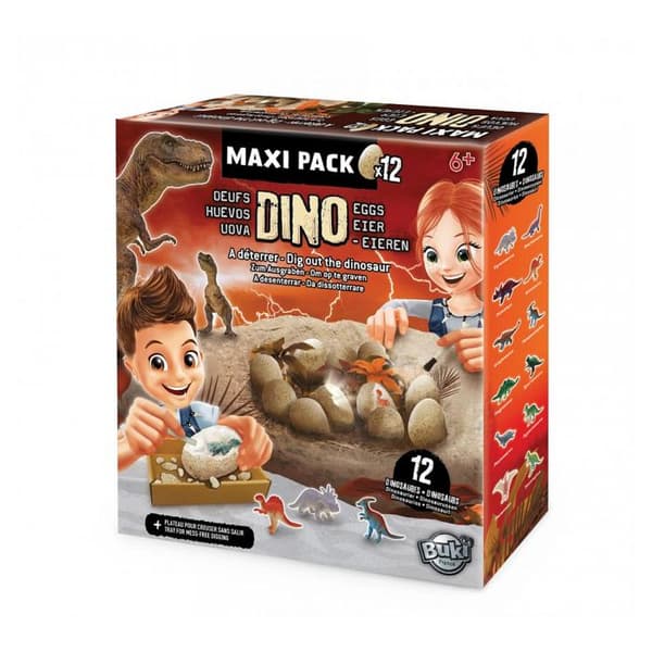 Dino Egg Maxi Pack Buki Box - 12 dinosaurier - Utgrävningsverktyg - Bricka - Affisch