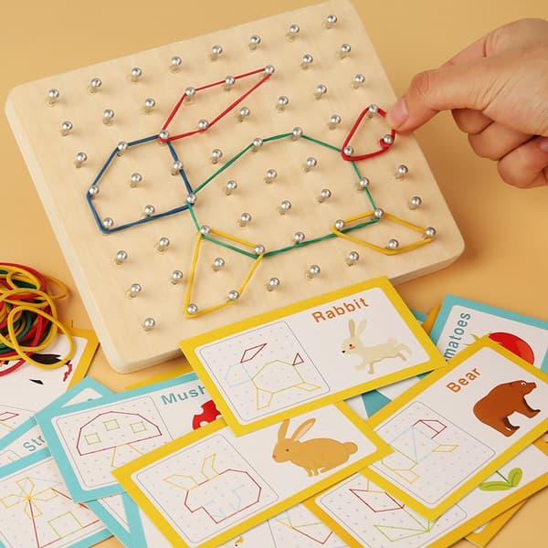 OBOSOE Montessori Geometri Legetøj med Kort – Træ Negleplade til Logik Træning