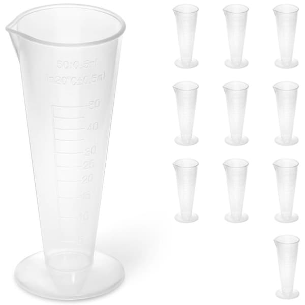 Muovinen laboratoriolasi 50 ml asteikolla - 10 kpl.