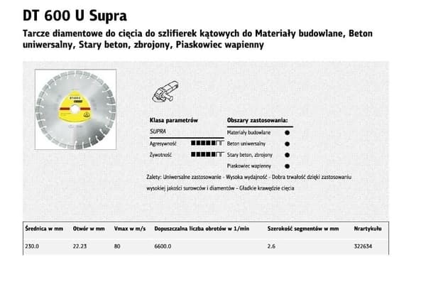KLINGSPOR SEGMENTERET DIAMANTKLING 230 mm x 2,6 mm x 22,2 mm SUPRA DT600U, ARMERET BETON