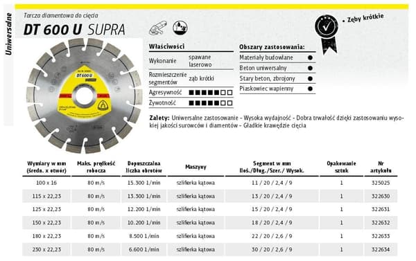 KLINGSPOR SEGMENTERET DIAMANTKLING 230 mm x 2,6 mm x 22,2 mm SUPRA DT600U, ARMERET BETON