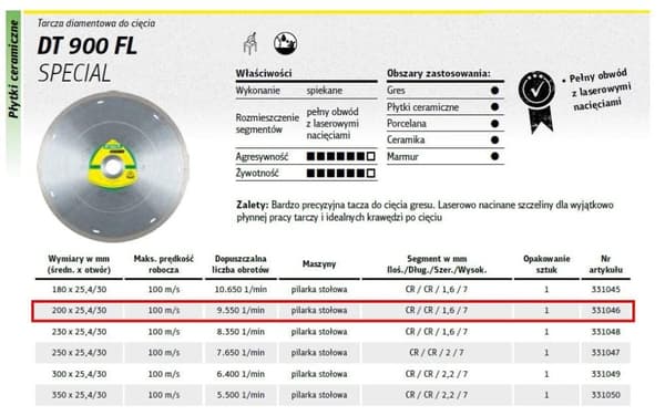 KLINGSPOR HEL DIAMANTSKIVA 200 mm x 1,6 mm x 30 mm DT900FL SUPRA, GRES, SPECIAL, TORR, VÅT