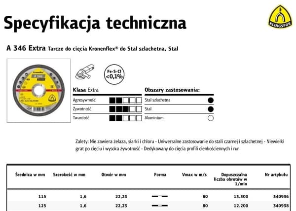 KLINGSPOR METALLILEIKKAUSLAIKKA 115 mm x 1,6 mm x 22,2 mm A346 Extra