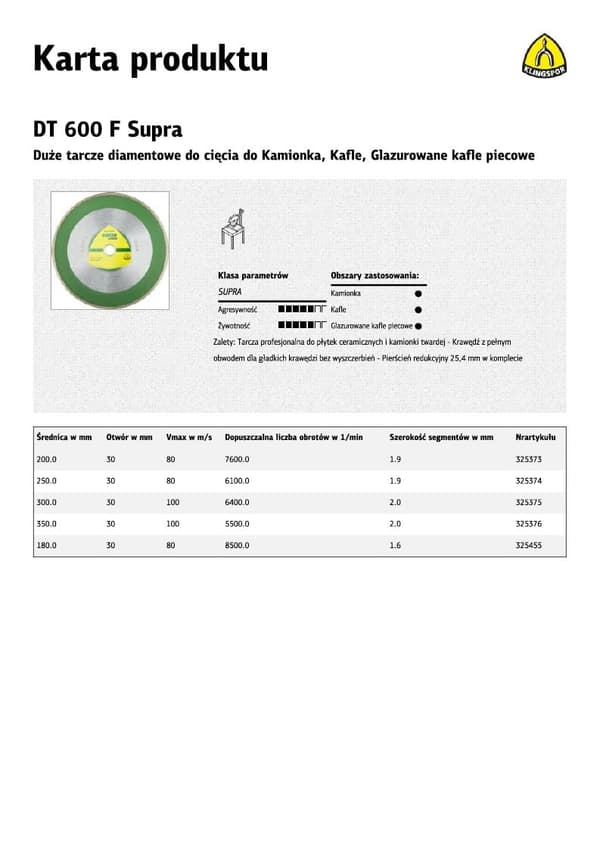 KLINGSPOR HEL DIAMANTSKIVA 250 mm x 1,9 mm x 30/25,4 mm DT600F FÖR KERAMIK