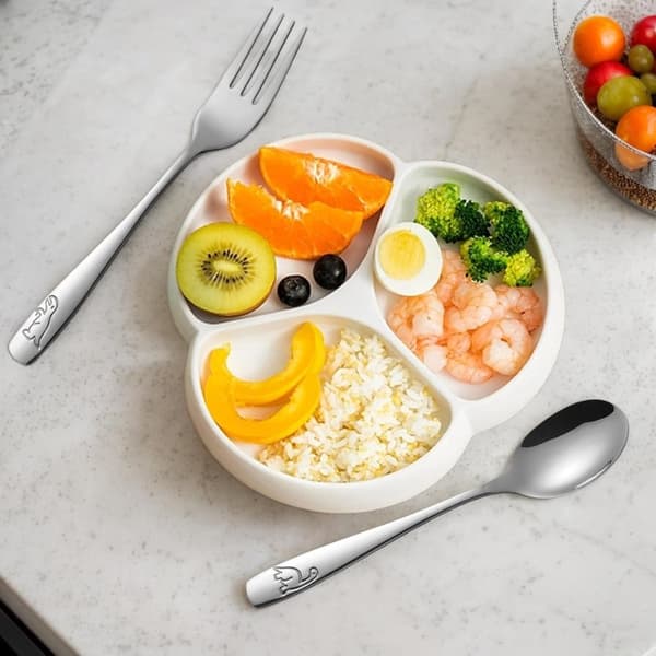 Barnbestick, köks- och porslin, ergonomiskt bestick i rostfritt stål med dinosauriegravyr och 5 gafflar och 5 skedar för skolan, lunch och hemmet