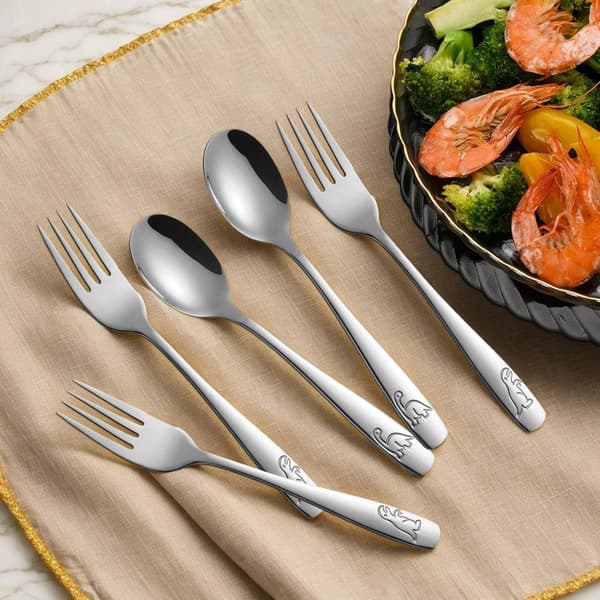 Barnbestick, köks- och porslin, ergonomiskt bestick i rostfritt stål med dinosauriegravyr och 5 gafflar och 5 skedar för skolan, lunch och hemmet