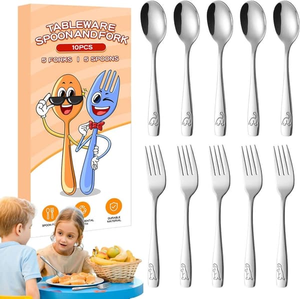 Barnbestick, köks- och porslin, ergonomiskt bestick i rostfritt stål med dinosauriegravyr och 5 gafflar och 5 skedar för skolan, lunch och hemmet