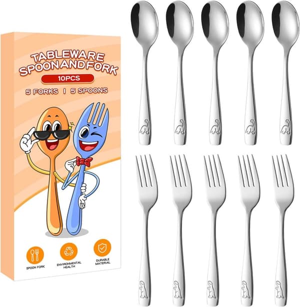 Barnbestick, köks- och porslin, ergonomiskt bestick i rostfritt stål med dinosauriegravyr och 5 gafflar och 5 skedar för skolan, lunch och hemmet