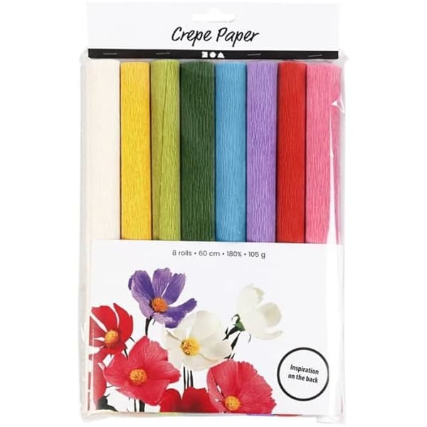 Sortiment av crepepapper - Klassiska färger - 25 x 60 cm - 8 rullar