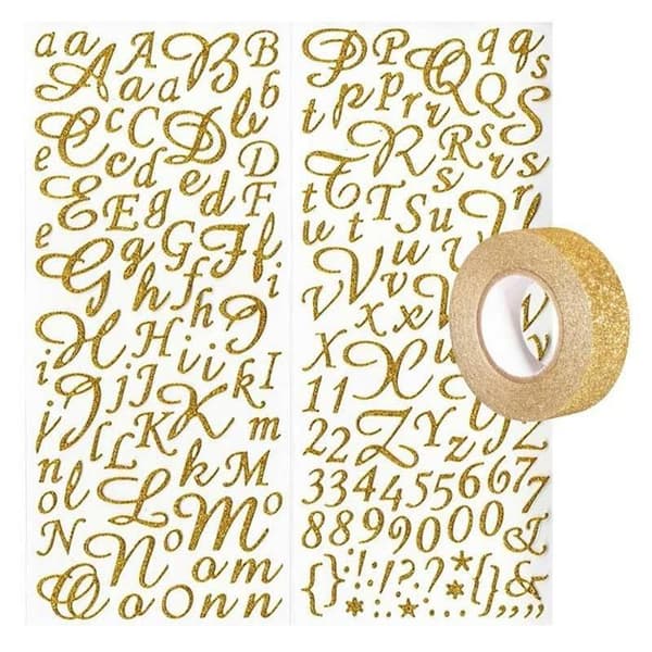 Gyllene glitter alfabet &amp; siffror klistermärken + gyllene glitter maskeringstejp 5 m