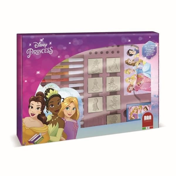 Frimärkslåda - MULTIPRINT - 4660 - Disney Princesses - 7 st trä- och latexstämplar, 12 Giotto-markörer, linjal, målaralbum