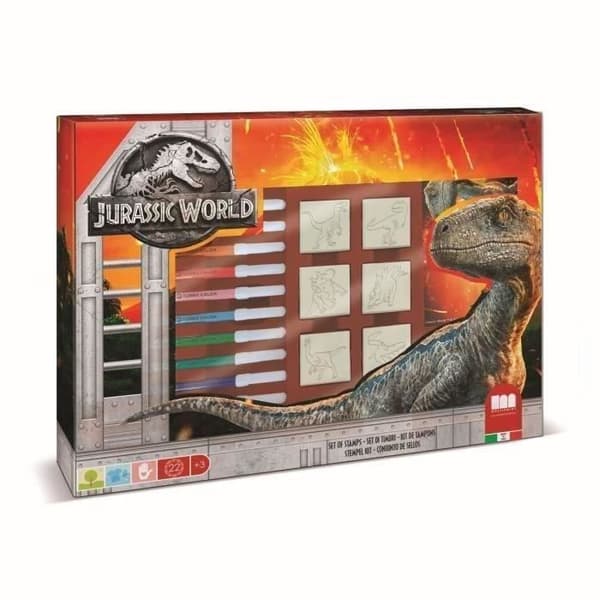 Stämpellåda - MULTIPRINT - 4975 - Jurassic World - 7 st trä- och latexstämplar, 12 Giotto-markörer, linjal, målaralbum