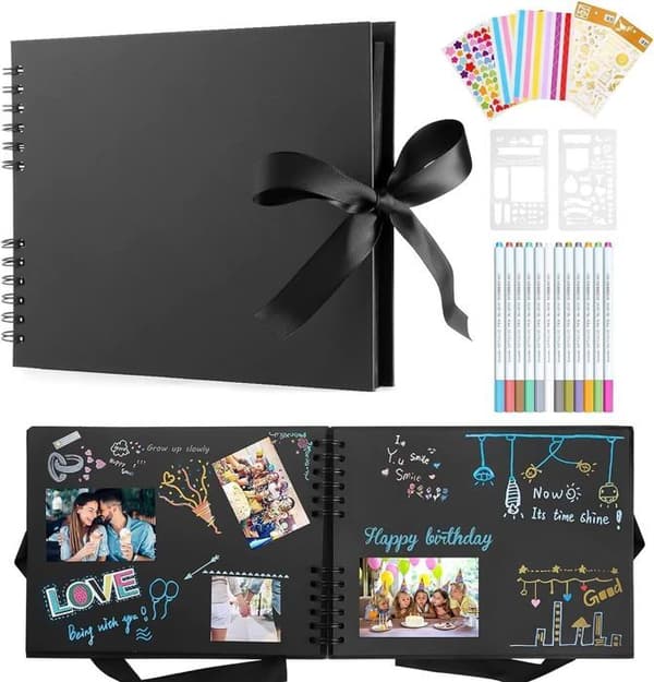DIY Scrapbooking Photo Album - Traditionell Scrapbook Book Memories Album - 80 sidor, svart - Presenter för barn Bröllopsresor