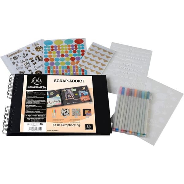 Scrapbooking album - 32x22cm - Svart - Inkluderar klistermärken, markörer, schabloner, fotohörn - Exacompta