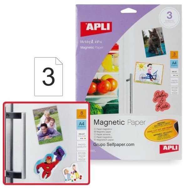 Magnetiskt papper - Magnetiskt - A4 - 3 Ark - Bläckstråleskrivare - Apli