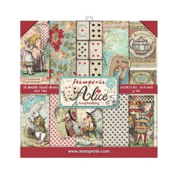 Set med 10 ark scrapbookingpapper 'Alice' från Stamperia (20,3x20,3 cm)