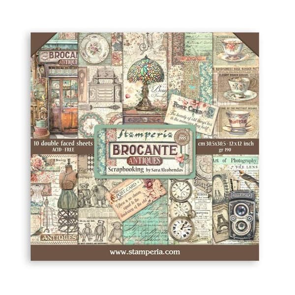 Stamperia - SBBL150 - Set med 10 ark scrapbookingpapper 30,5 x 30,5 cm - Antik marknad, 0, 30,5x30,5cm