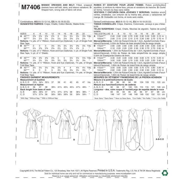 McCalls Mönster 7406 A5 Klännings- och Bälte Mönster, Papper, Flerfärgad, Storlekar 614 - M7406A50