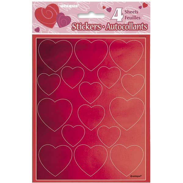 Unique Foil Hearts Sticker Sheet (Pack of 4) Red One Size